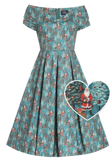 Lily Teal Off Shoulder Santa Claus Print Christmas Dress – Dresses | Kitty Darling