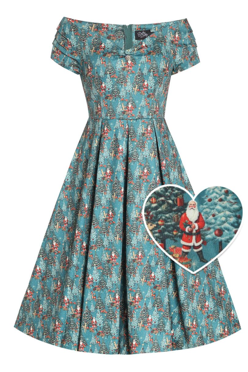 Lily Teal Off Shoulder Santa Claus Print Christmas Dress  Shop now at Kitty Darling
