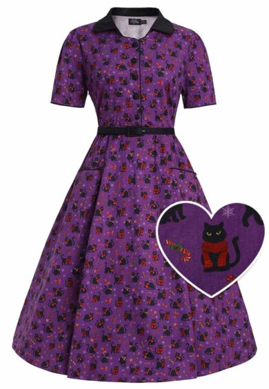 Mabel Festive Cat Shirt Dress In Purple – New In | Kitty Darling