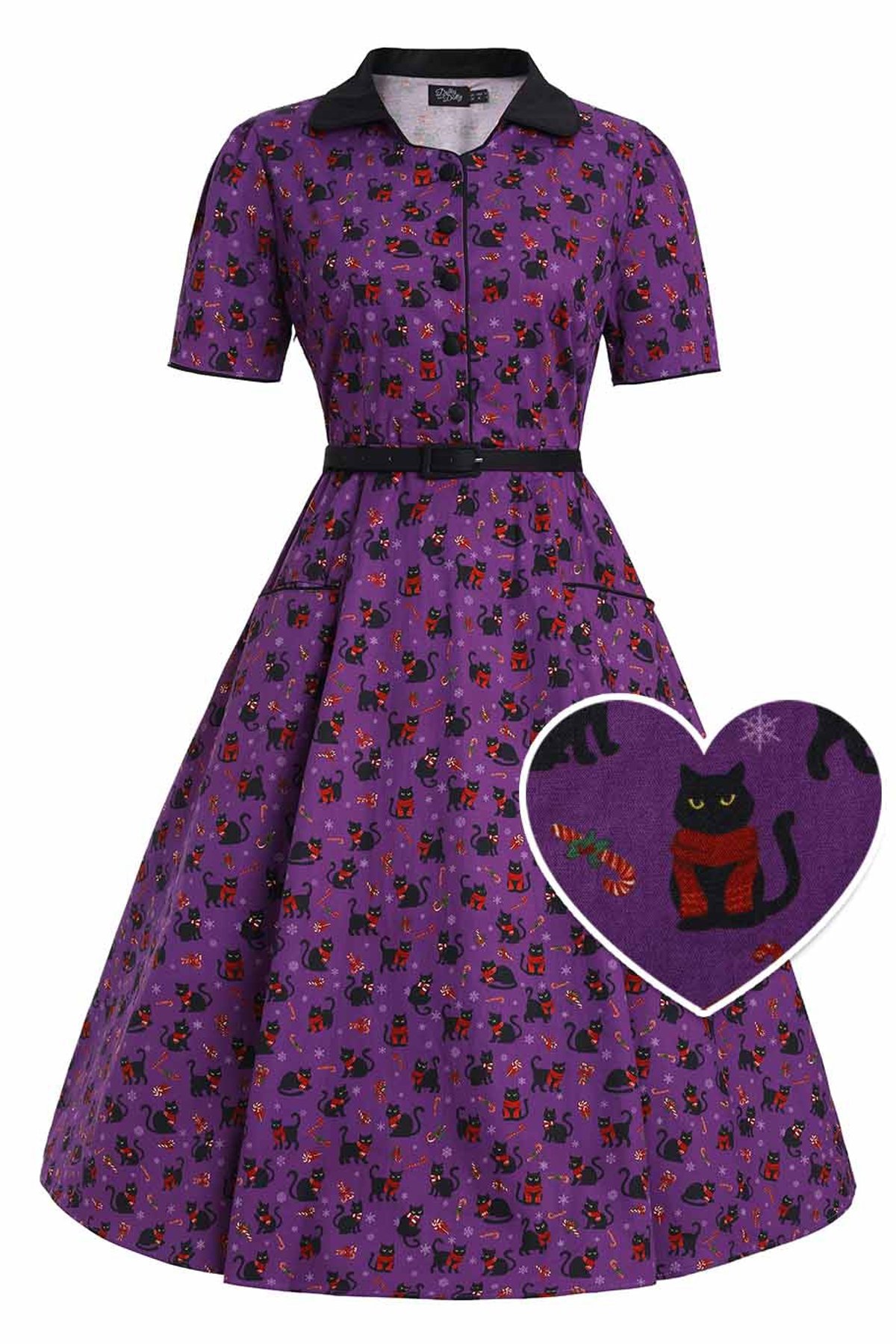 Mabel Festive Cat Shirt Dress In Purple Mabel Festive Cat Shirt Dress In Purple  Shop now at Kitty Darling