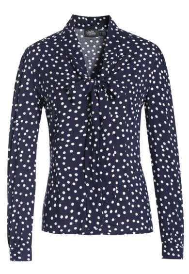 Margaret Dark Blue Polka Dots Tie Blouse – Tops | Kitty Darling