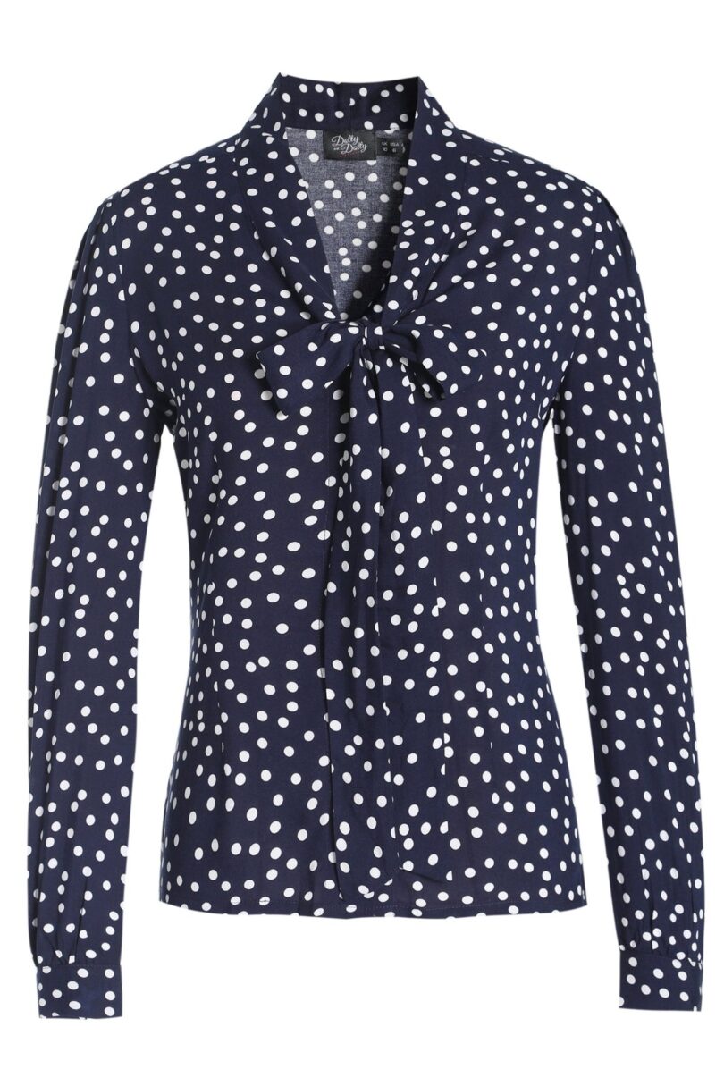 Margaret Dark Blue Polka Dots Tie Blouse  Shop now at Kitty Darling