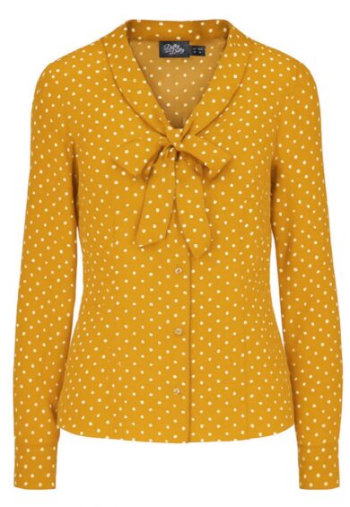 Margaret Mustard Yellow Polka Dot Tie Blouse – Tops | Kitty Darling