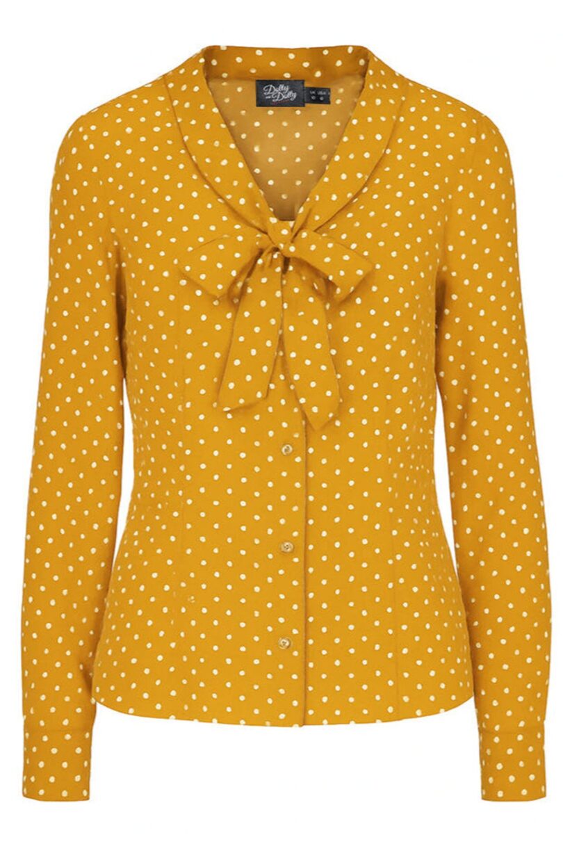 Margaret Mustard Yellow Polka Dot Tie Blouse  Shop now at Kitty Darling