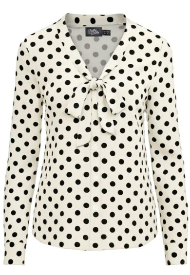 Margaret Vintage White Polka Dot Long Sleeve Tie Blouse – Shirts and Blouses | Kitty Darling