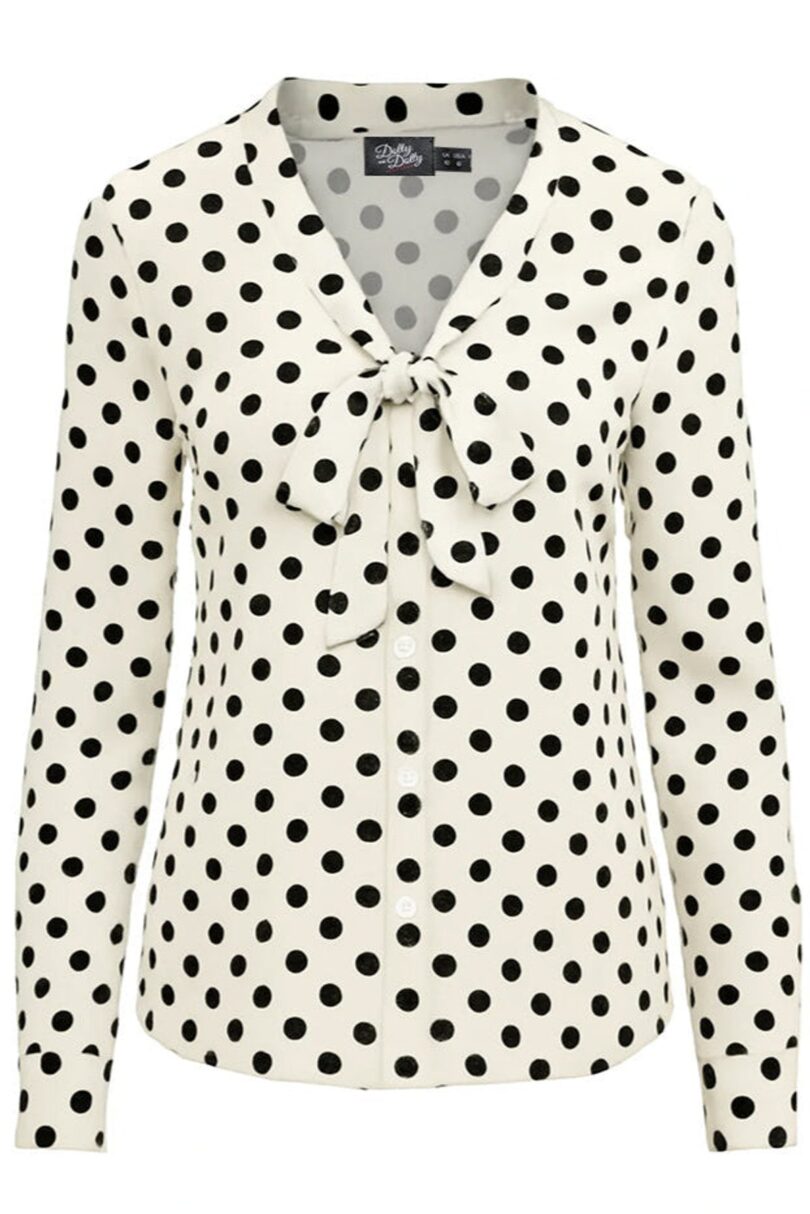 Margaret Vintage White Polka Dot Long Sleeve Tie Blouse  Shop now at Kitty Darling