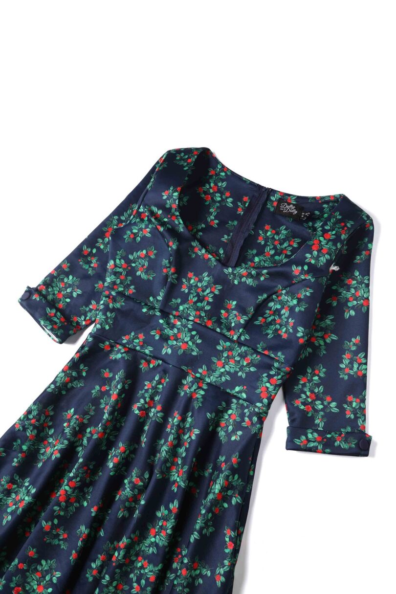 Navy Blue Rosebud Print Long Sleeved Dress  Shop now at Kitty Darling