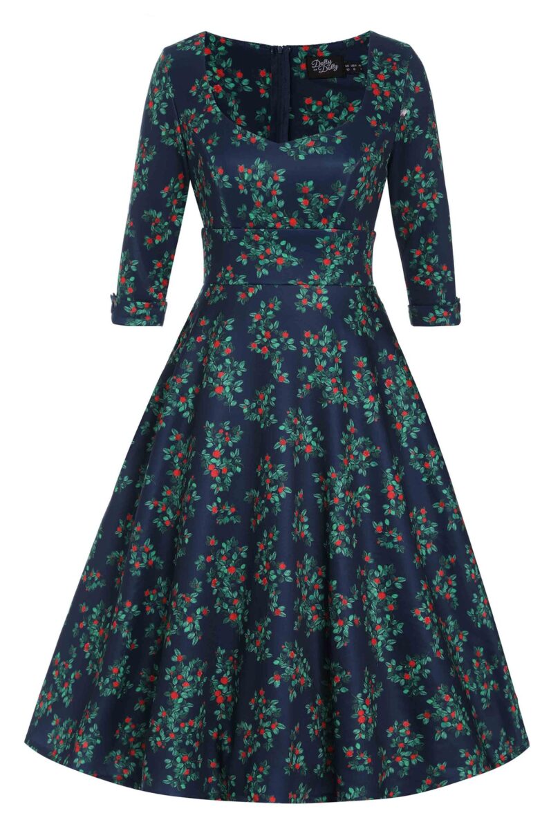 Navy Blue Rosebud Print Long Sleeved Dress  Shop now at Kitty Darling