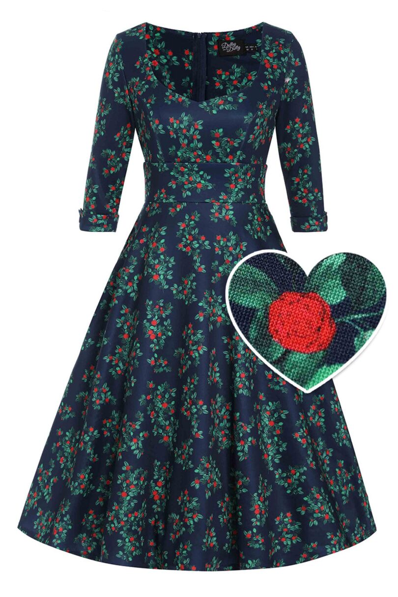 Navy Blue Rosebud Print Long Sleeved Dress  Shop now at Kitty Darling
