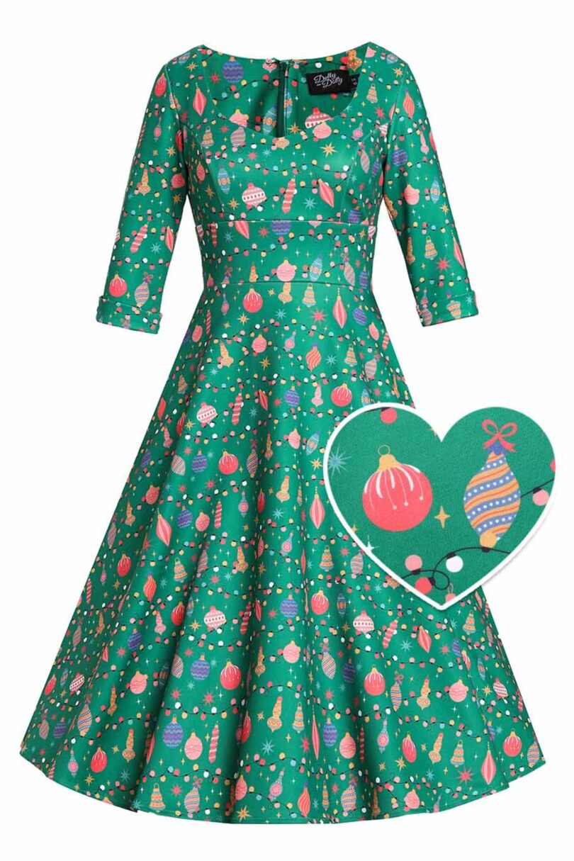 Scarlette Green Bauble Christmas Swing Dress  Shop now at Kitty Darling