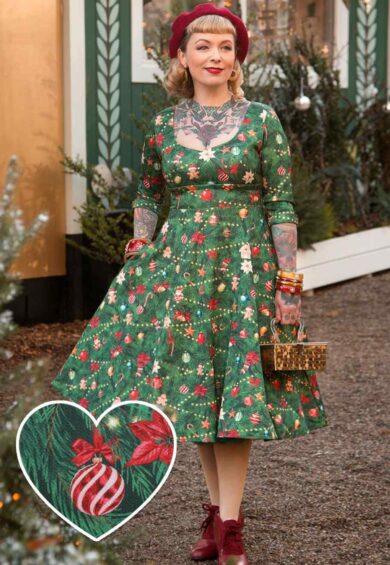 Scarlette Green Long-Sleeved Xmas Tree Print Stretchy Dress – Dresses | Kitty Darling