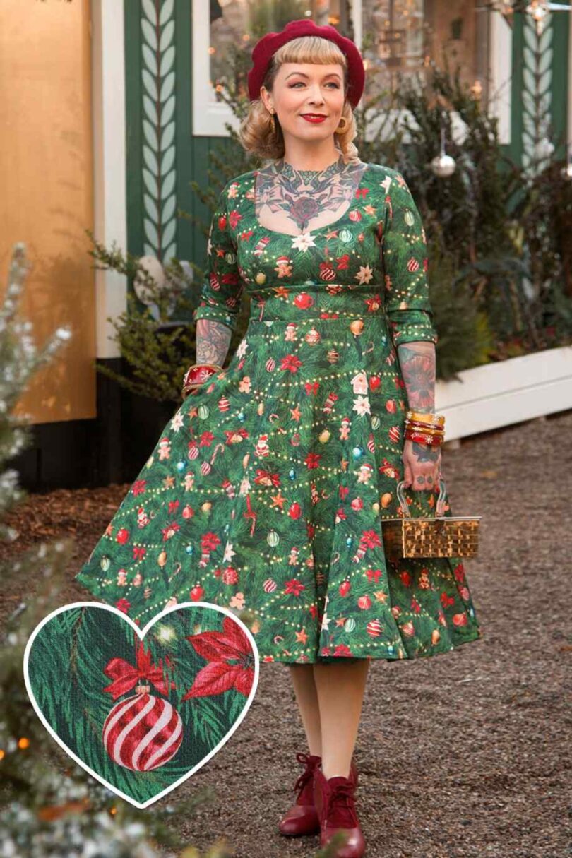 Scarlette Green Long-Sleeved Xmas Tree Print Stretchy Dress  Shop now at Kitty Darling