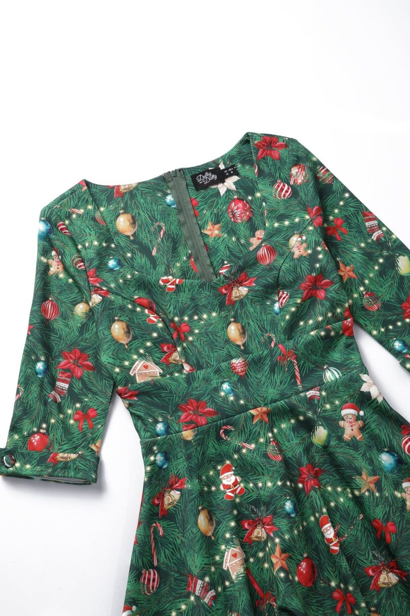 Scarlette Green Long-Sleeved Xmas Tree Print Stretchy Dress  Shop now at Kitty Darling