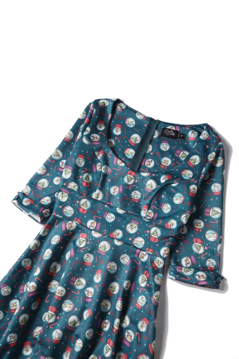 Scarlette Long-Sleeved Stretchy Blue Dress with Snow globe Print  Shop now at Kitty Darling