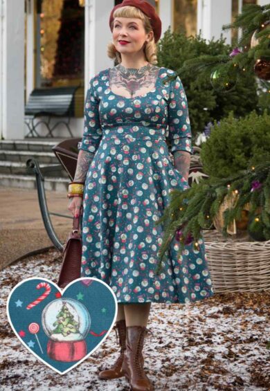 Scarlette Long-Sleeved Stretchy Blue Dress with Snow globe Print – Dresses | Kitty Darling