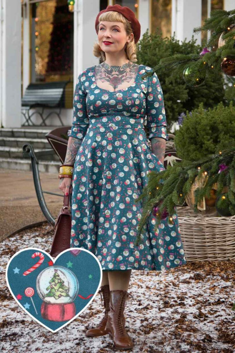 Scarlette Long-Sleeved Stretchy Blue Dress with Snow globe Print  Shop now at Kitty Darling