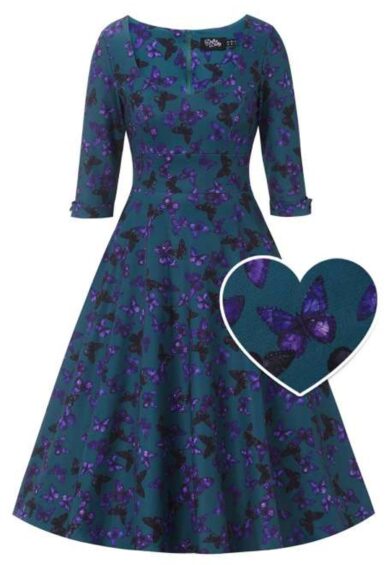 Scarlette Teal & Purple Butterfly Swing Dress – Dresses | Kitty Darling