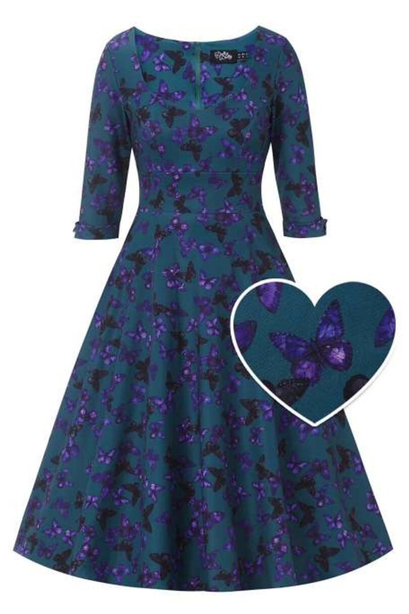 Scarlette Teal & Purple Butterfly Swing Dress  Shop now at Kitty Darling