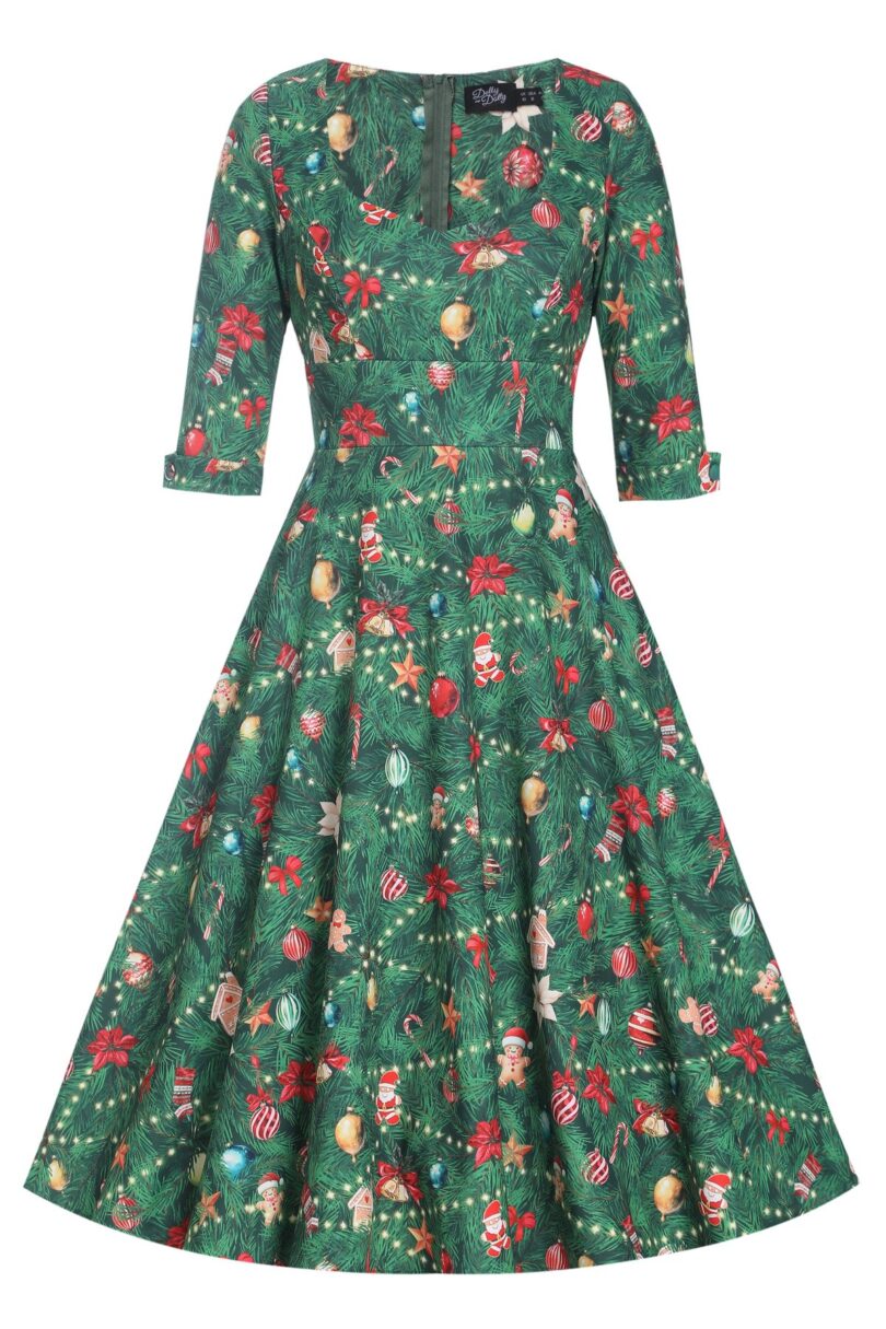 Scarlette Green Long-Sleeved Xmas Tree Print Stretchy Dress  Shop now at Kitty Darling
