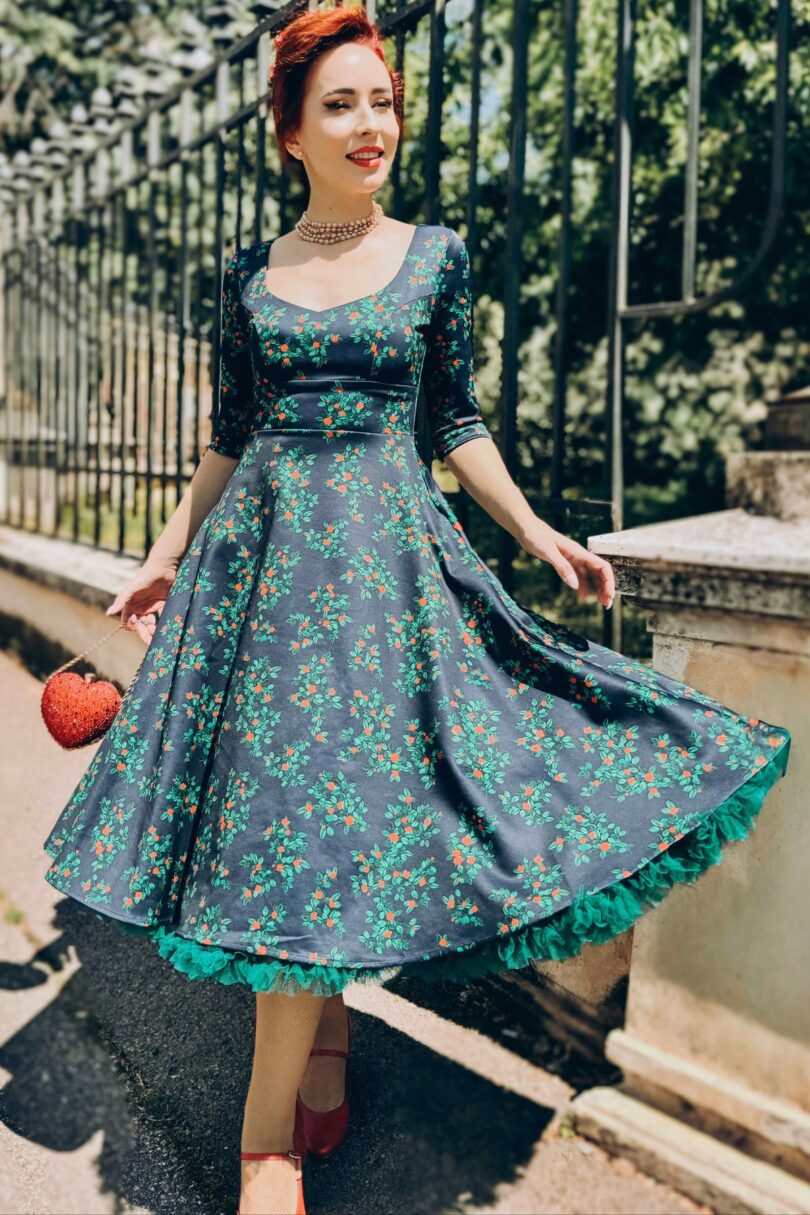 Navy Blue Rosebud Print Long Sleeved Dress  Shop now at Kitty Darling