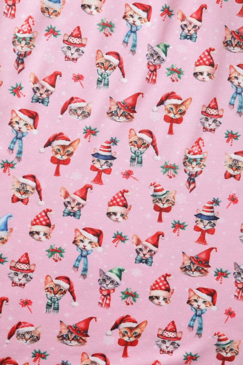 Billie Pink V-neckline Xmas Cat Print Long-Sleeved Dress  Shop now at Kitty Darling