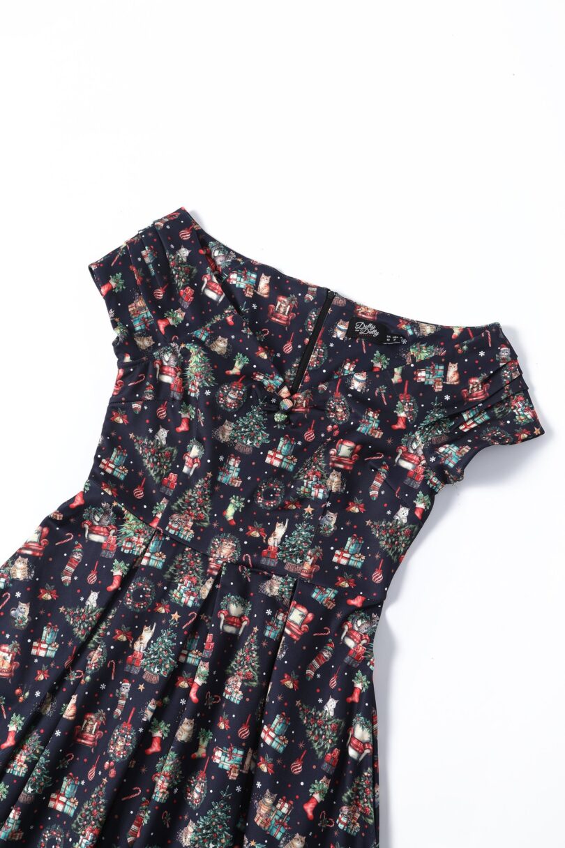 Lily Dark Purple Off Shoulder Cat Print Christmas Dress  Shop now at Kitty Darling