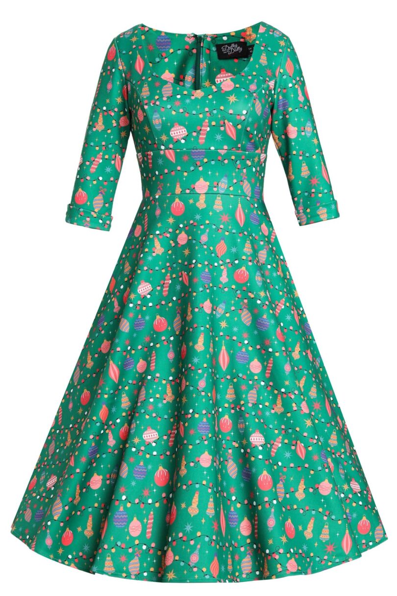 Scarlette Green Bauble Christmas Swing Dress  Shop now at Kitty Darling