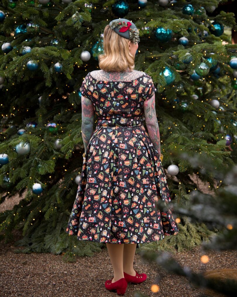 Lily Retro Off Shoulder in Black Christmas Fair Swing Dress  Shop now at Kitty Darling