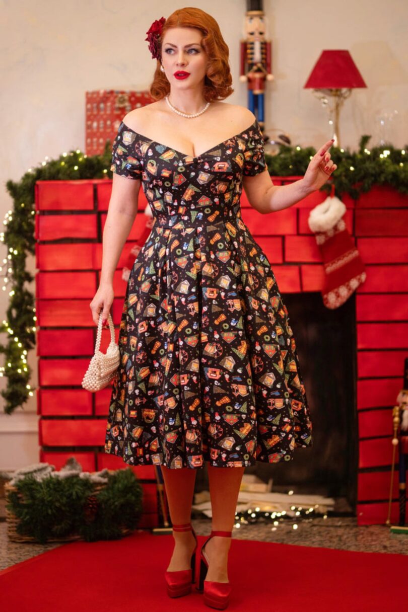 Lily Retro Off Shoulder in Black Christmas Fair Swing Dress  Shop now at Kitty Darling