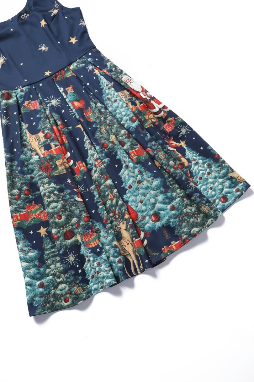 Amanda Dark Desaturated Blue Christmas Santa Print Dress  Shop now at Kitty Darling