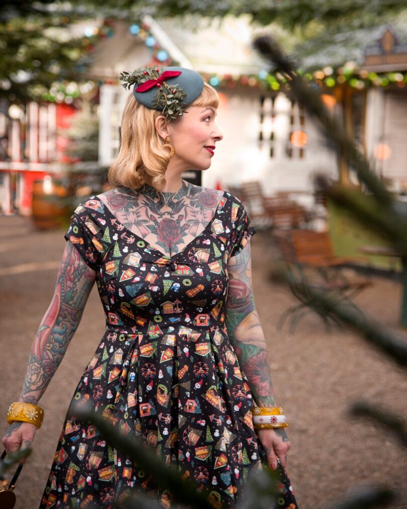 Lily Retro Off Shoulder in Black Christmas Fair Swing Dress  Shop now at Kitty Darling