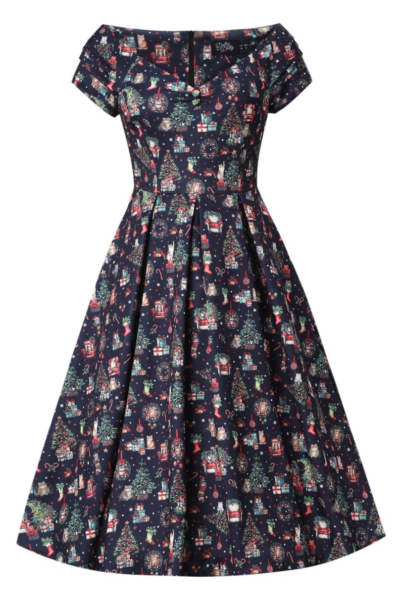 Lily Dark Purple Off Shoulder Cat Print Christmas Dress  Shop now at Kitty Darling