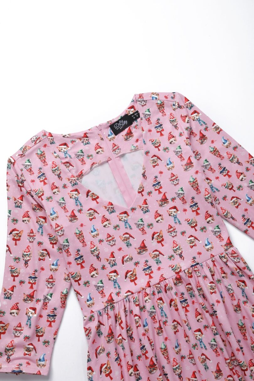 Billie Pink V-neckline Xmas Cat Print Long-Sleeved Dress  Shop now at Kitty Darling