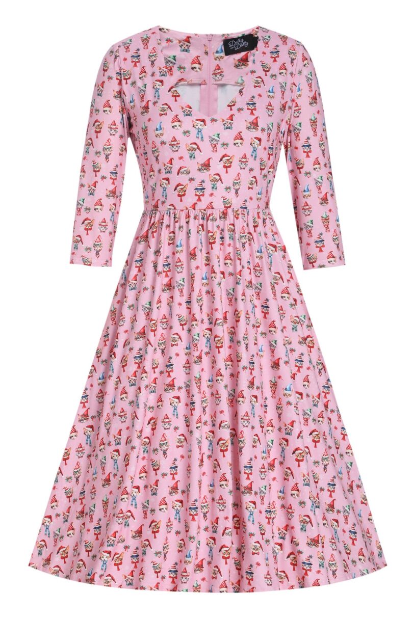 Billie Pink V-neckline Xmas Cat Print Long-Sleeved Dress  Shop now at Kitty Darling