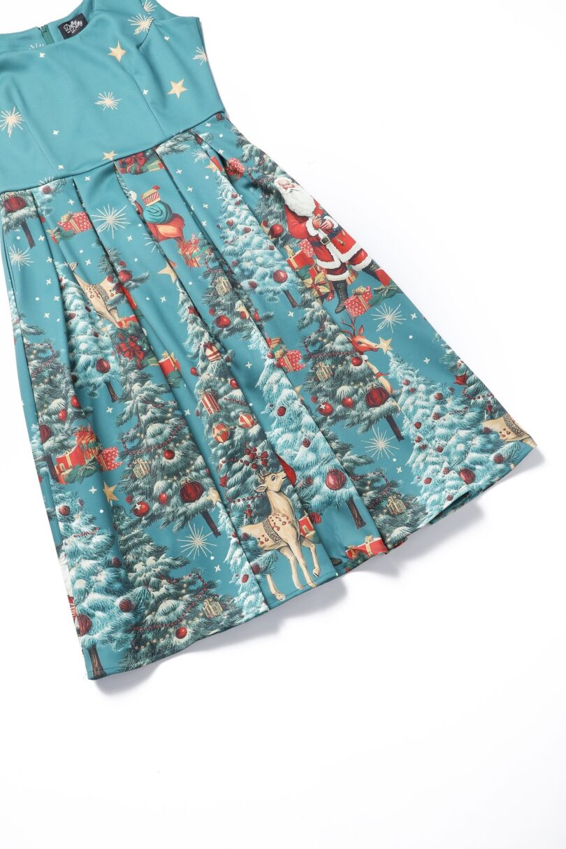 Amanda Dark Desaturated Cyan Christmas Santa Print Dress  Shop now at Kitty Darling