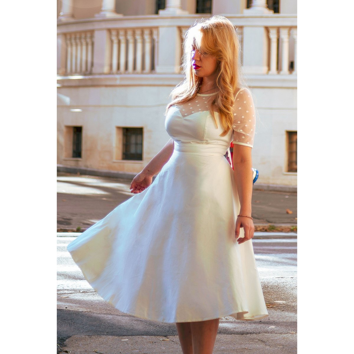 Elizabeth II Short Sleeved Polka Dot Mesh Wedding Dress Elizabeth II Short Sleeved Polka Dot Mesh Wedding Dress Shop now at Kitty Darling