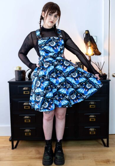 Night Flight Stretch Flared Pinafore 🦇 – Stretch Twill Flared Pinafores | Kitty Darling