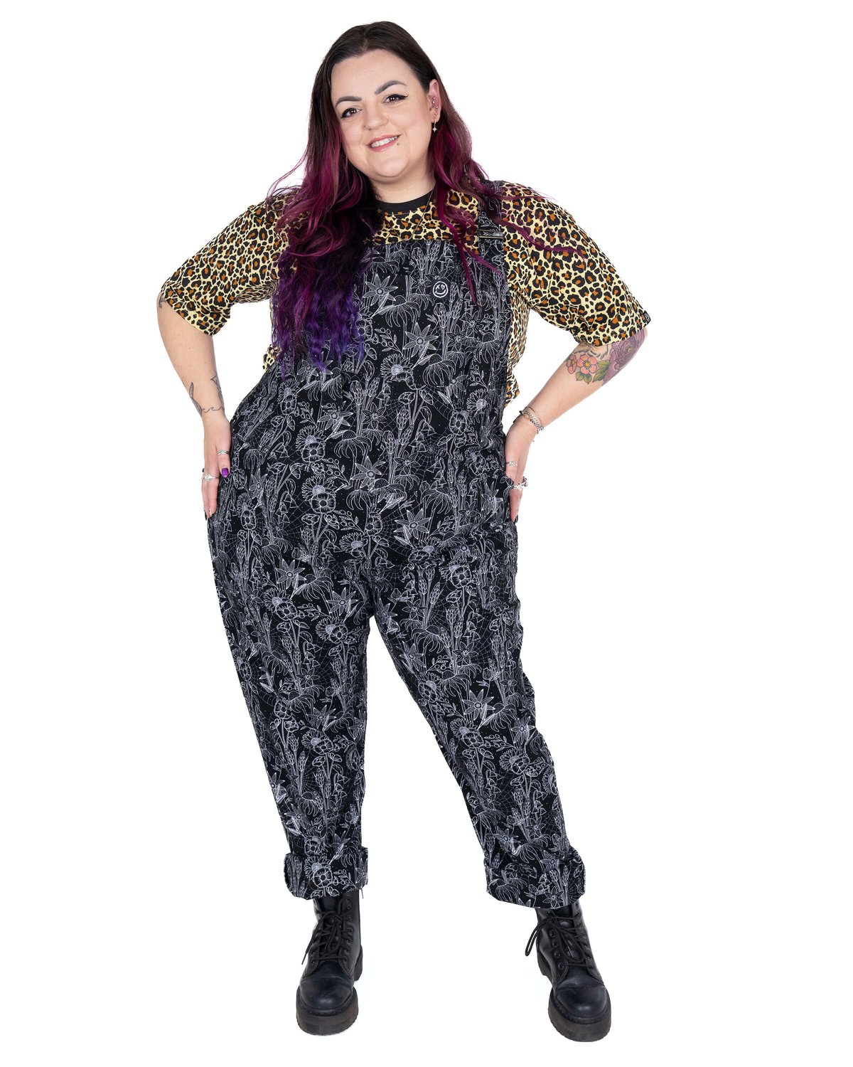 Black Floral Cobweb Stretch Dungarees Black Floral Cobweb Stretch Dungarees Shop now at Kitty Darling