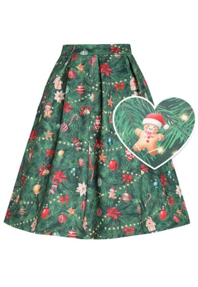 Aisley Green Christmas Trees Pleated Midi Skirt – Dresses | Kitty Darling