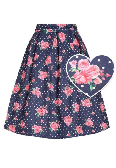 Aisley Navy Polka Dot Rose Pleated Midi Skirt – Skirts | Kitty Darling