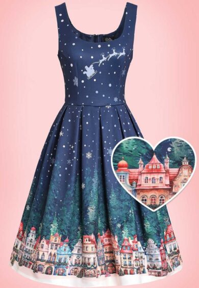 Amanda Christmas Eve Flared Dress In Blue – Dresses | Kitty Darling