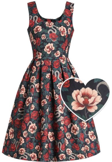 Amanda Flared Black Roses & Snakes Celebration Dress – New In | Kitty Darling