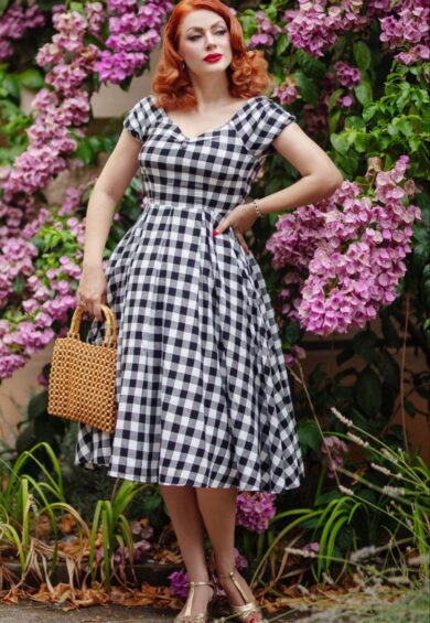 Lily Off Shoulder Black Gingham Check Circle Dress – Dresses | Kitty Darling