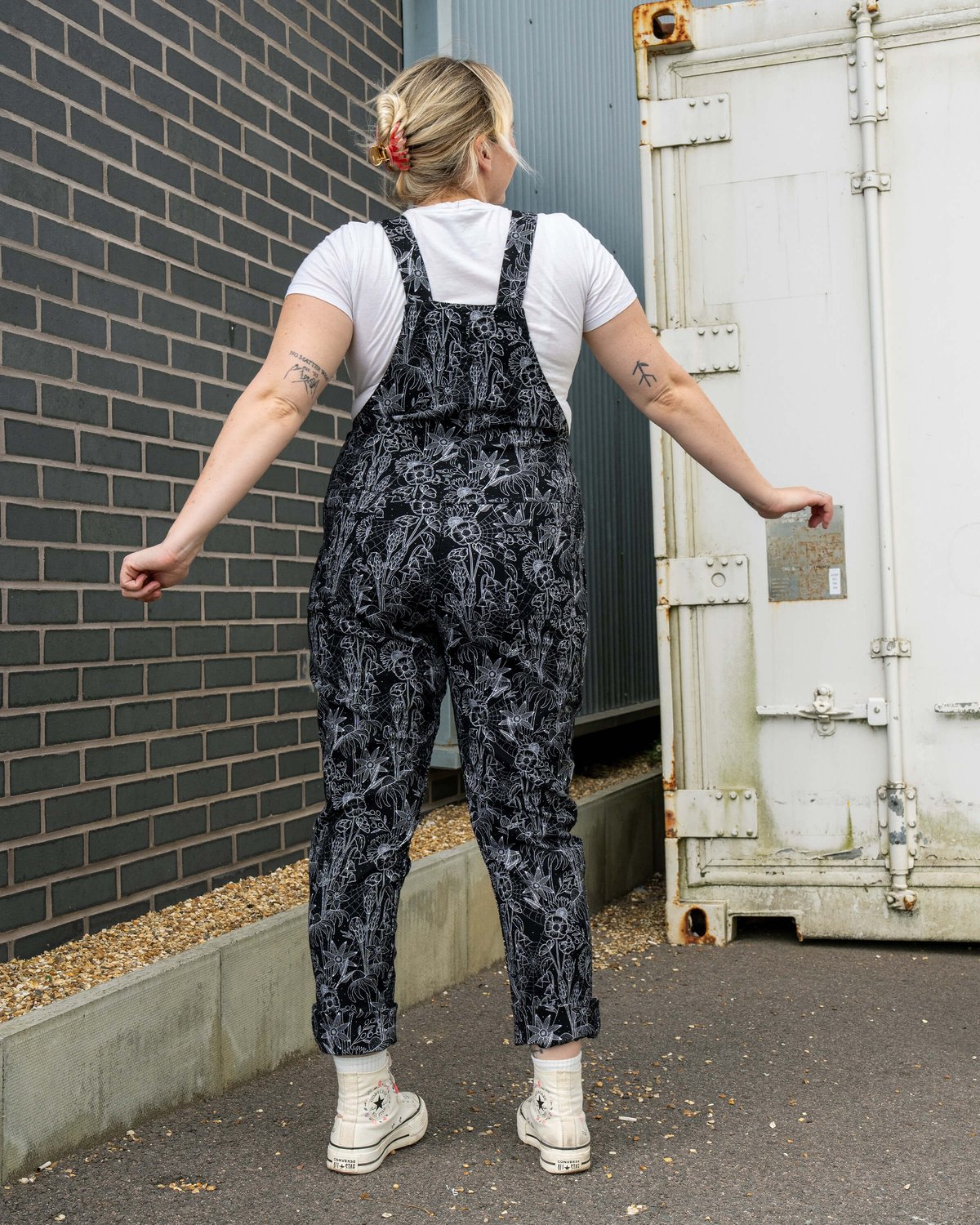 Black Floral Cobweb Stretch Dungarees Black Floral Cobweb Stretch Dungarees Shop now at Kitty Darling