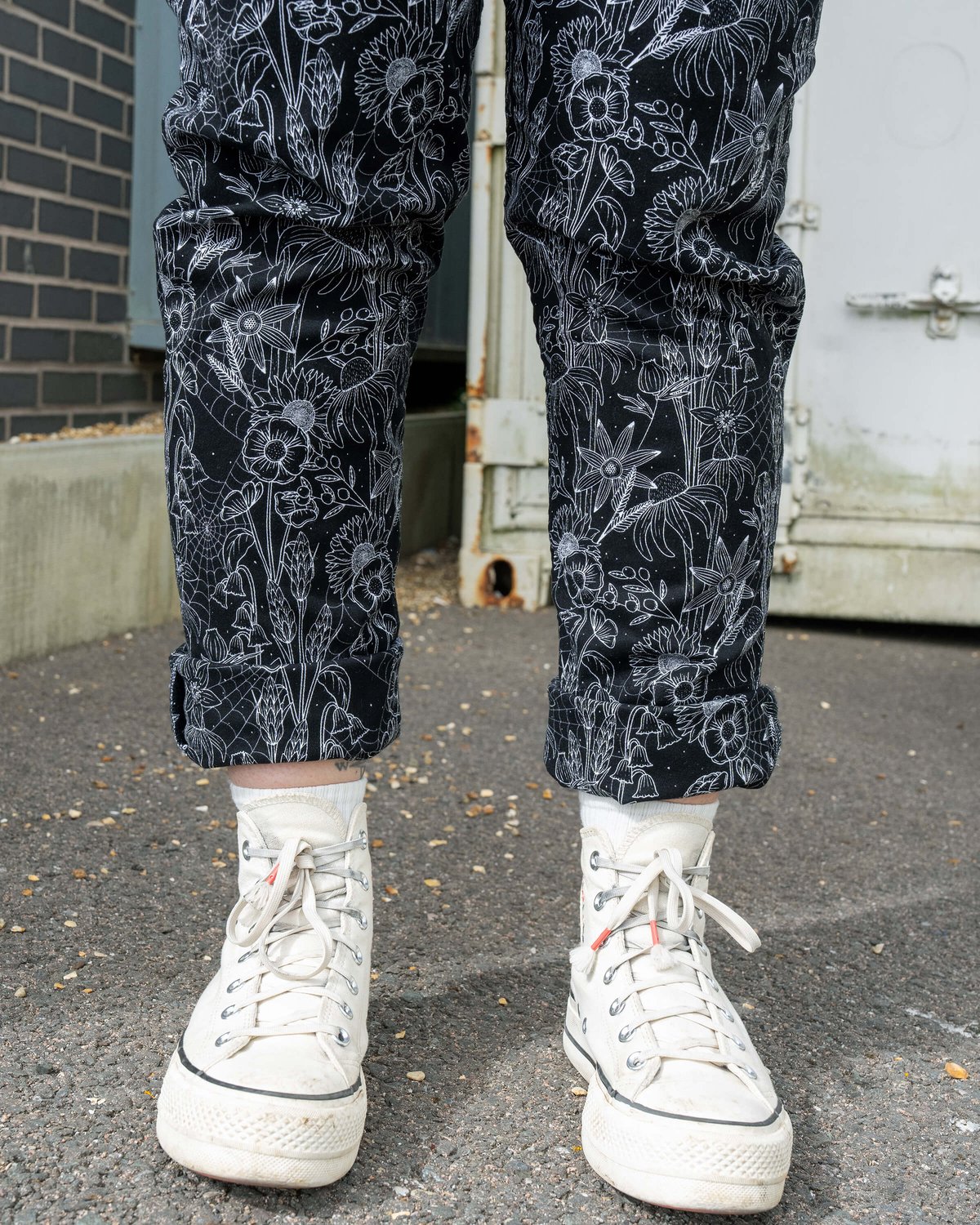 Black Floral Cobweb Stretch Dungarees Black Floral Cobweb Stretch Dungarees Shop now at Kitty Darling