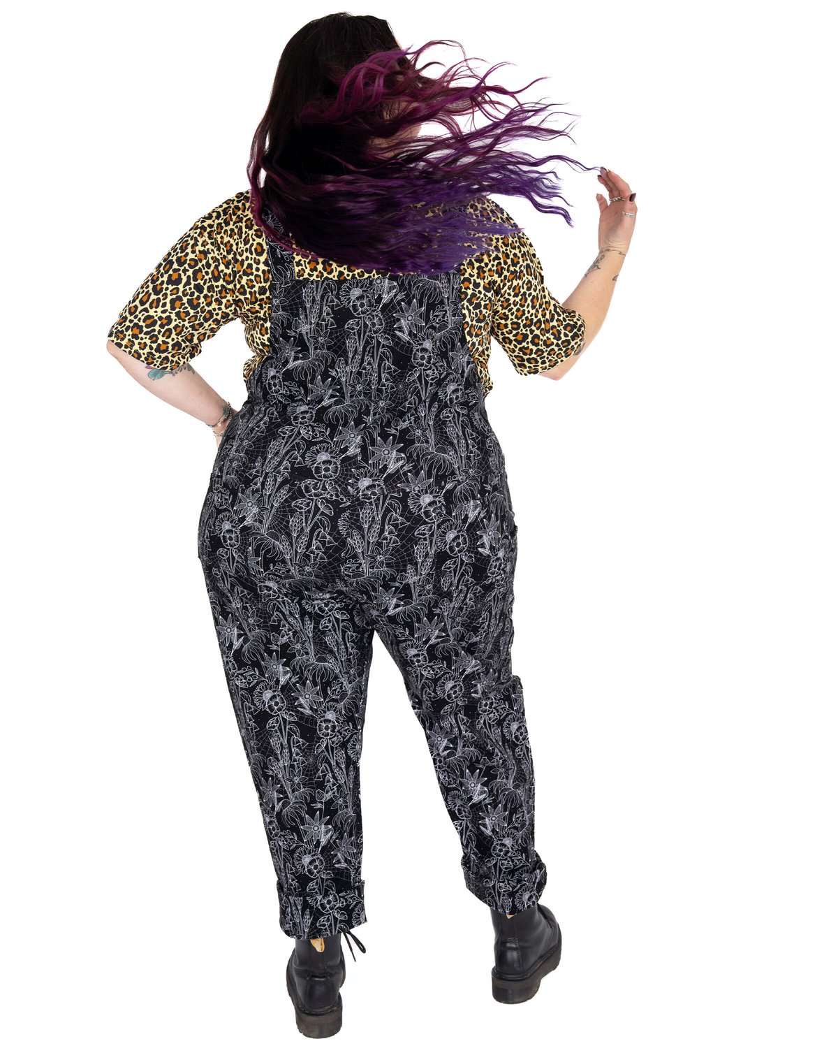Black Floral Cobweb Stretch Dungarees Black Floral Cobweb Stretch Dungarees Shop now at Kitty Darling