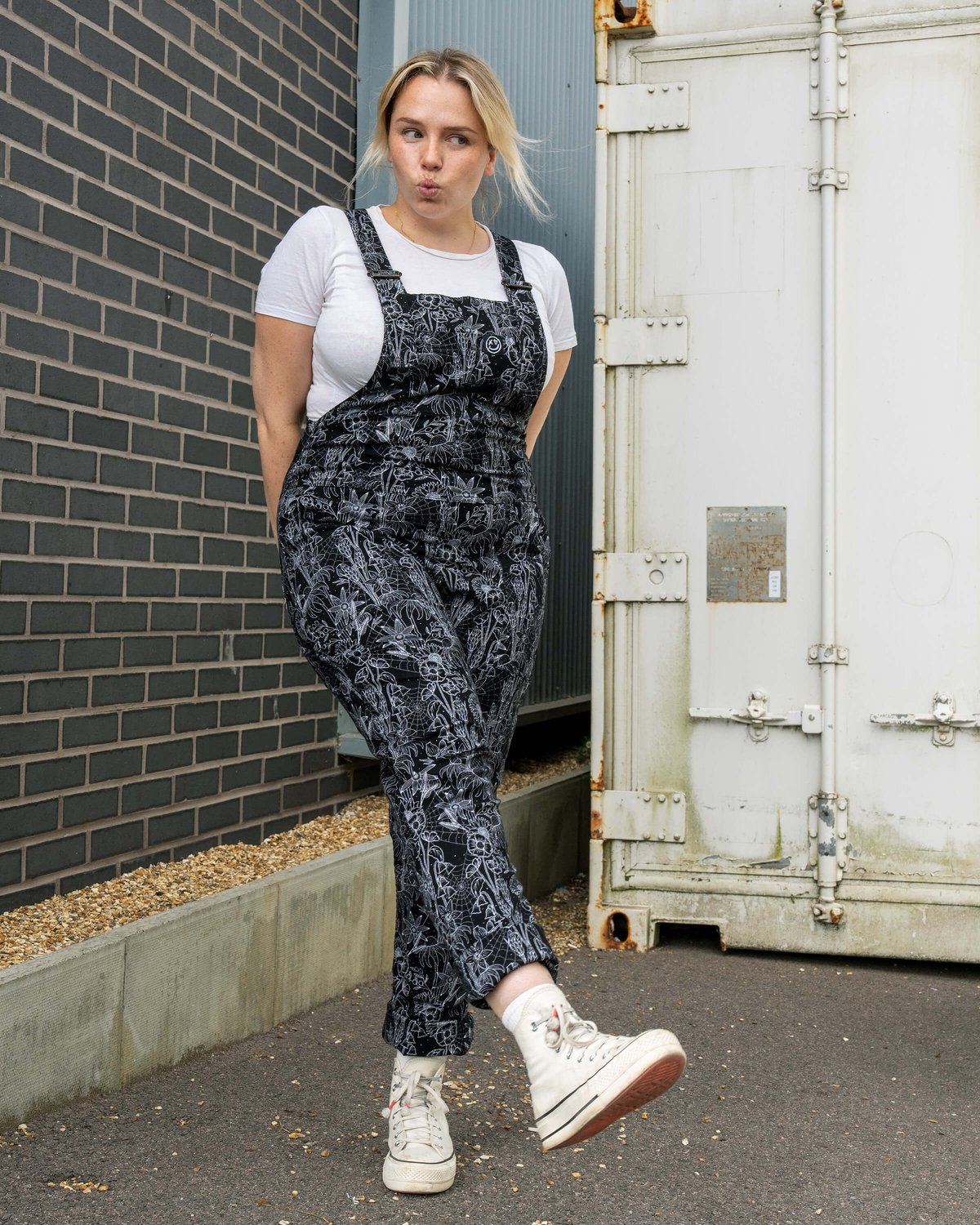 Black Floral Cobweb Stretch Dungarees Black Floral Cobweb Stretch Dungarees Shop now at Kitty Darling