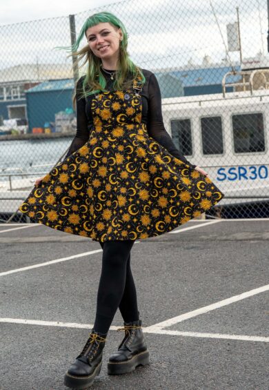 Celestial Sun and Moon Stretch Flared Pinafore – Stretch Twill Flared Pinafores | Kitty Darling