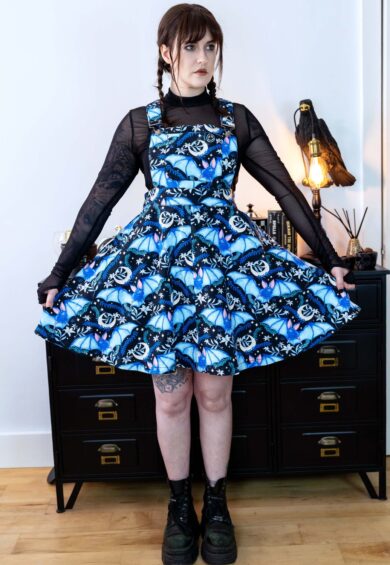 Night Flight Stretch Flared Pinafore 🦇 – Stretch Twill Flared Pinafores | Kitty Darling