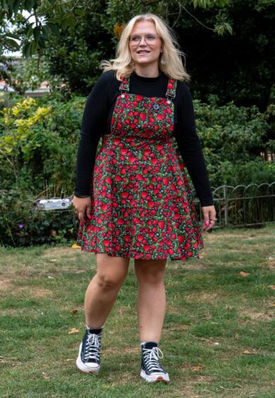 Strawberry Field Stretch Flared Pinafore – Stretch Twill Flared Pinafores | Kitty Darling